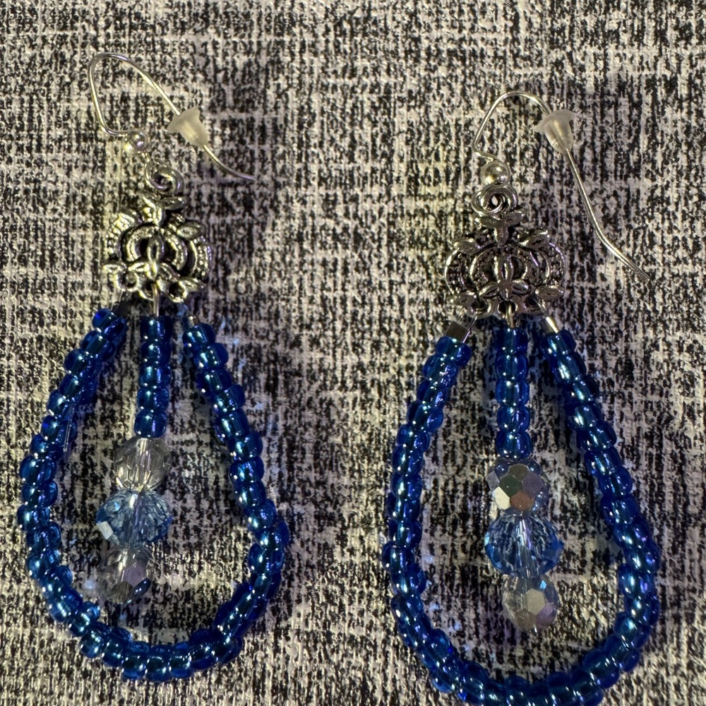 Silver-Tone Blue Beaded Drop Earrings - Picture 2 of 4